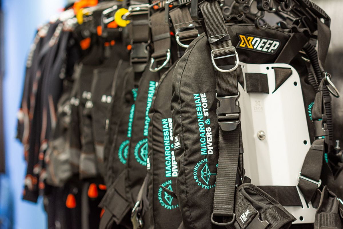 Diving equipment with Macaronesian Divers & Store logo in Tenerife.