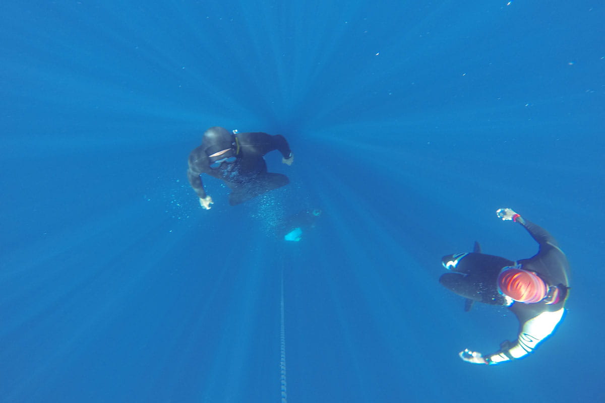 Divers in the waters of Tenerife, one with a red wetsuit.