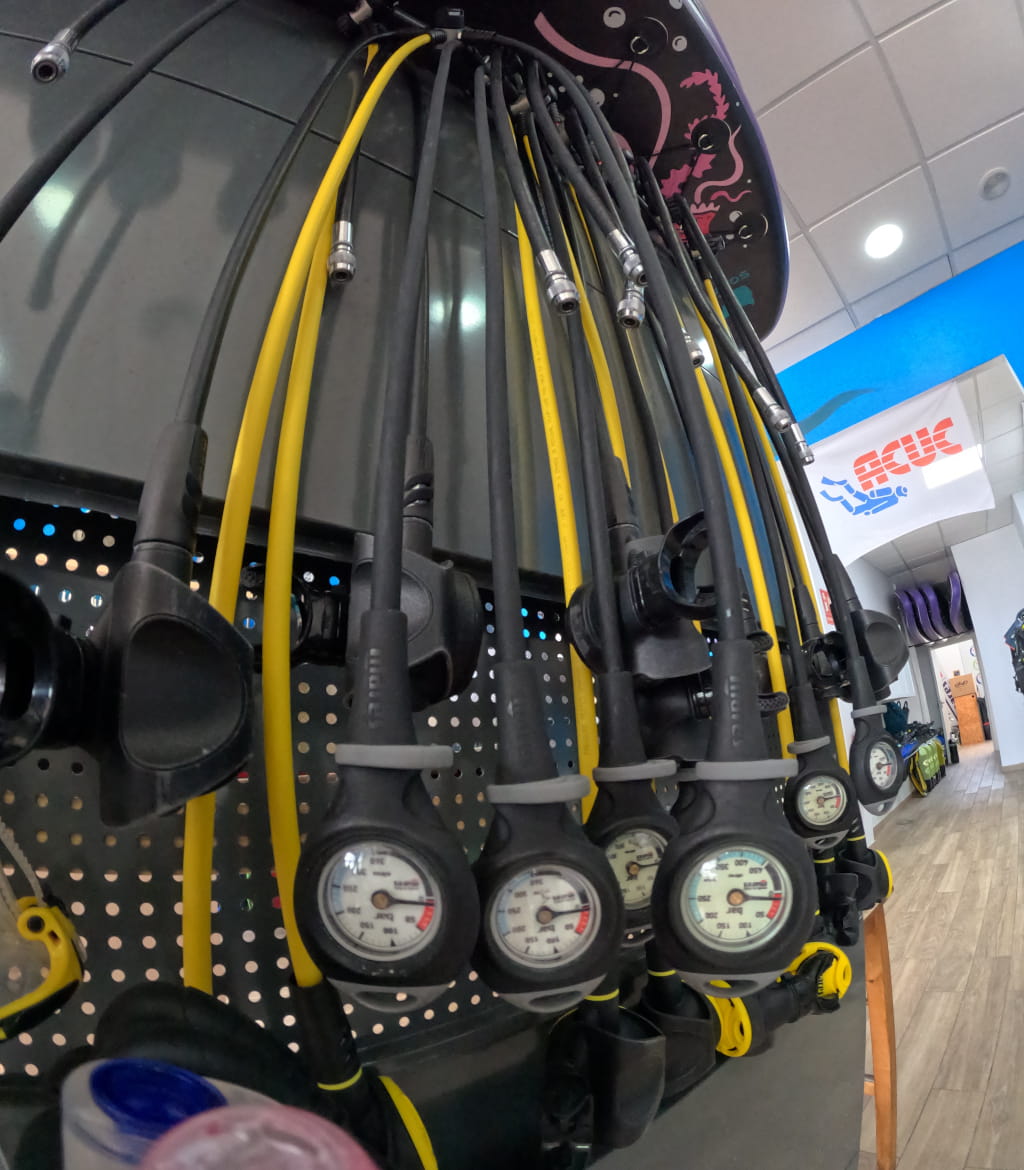 Dive regulators at a dive shop in Tenerife.