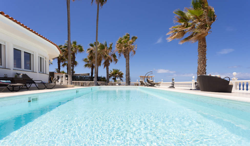 Outdoor swimming pool with palm trees in Tenerife under a clear sky.