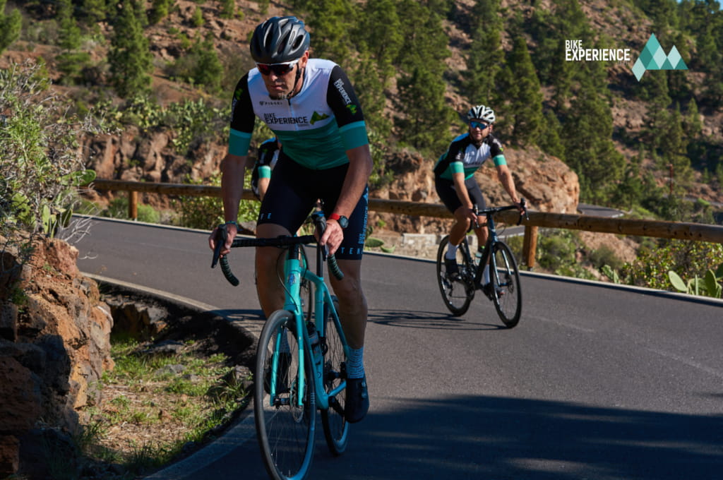 Cyclists on mountainous road in Tenerife, forest landscape in the background.