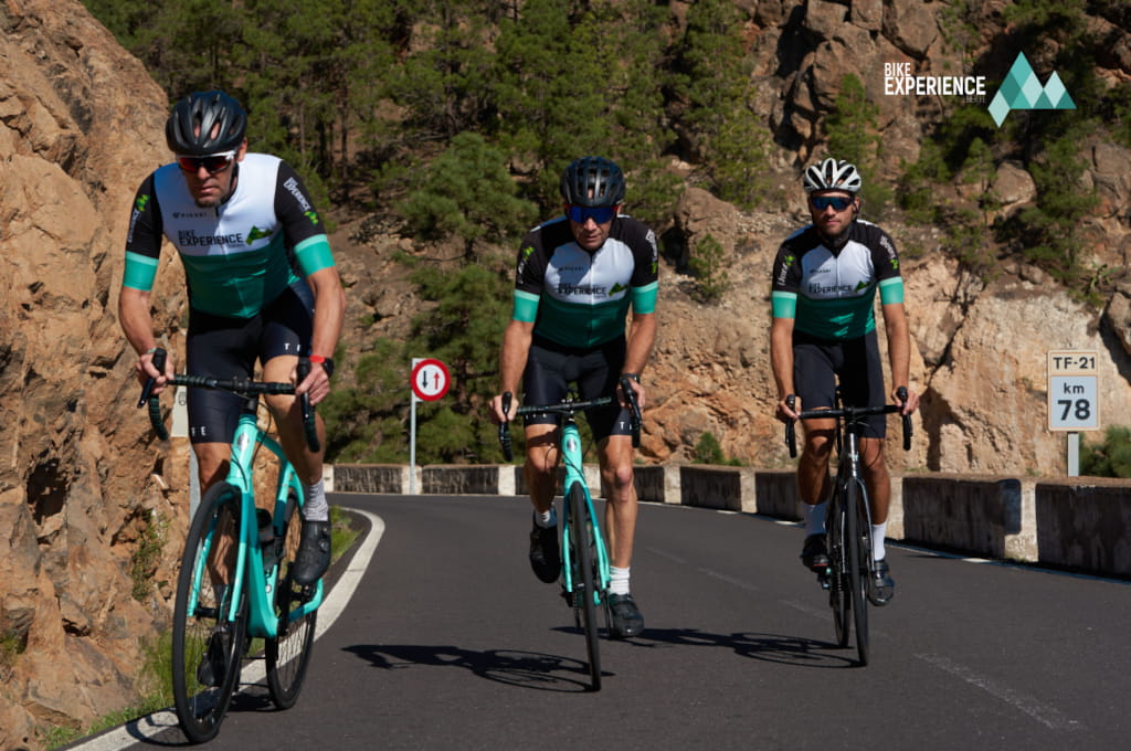 Cyclists on the TF-21 km 78 road, Tenerife. Visible traffic sign.