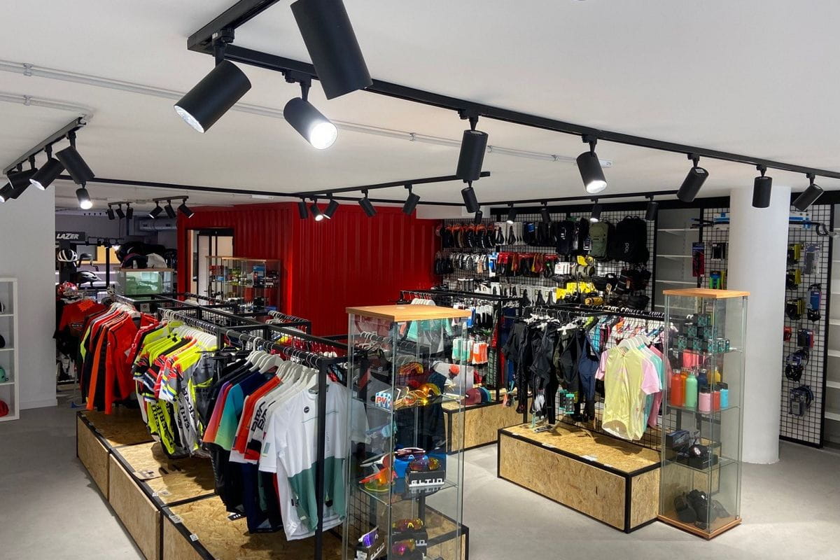 Sportswear and accessories store in Tenerife with spotlight lighting.