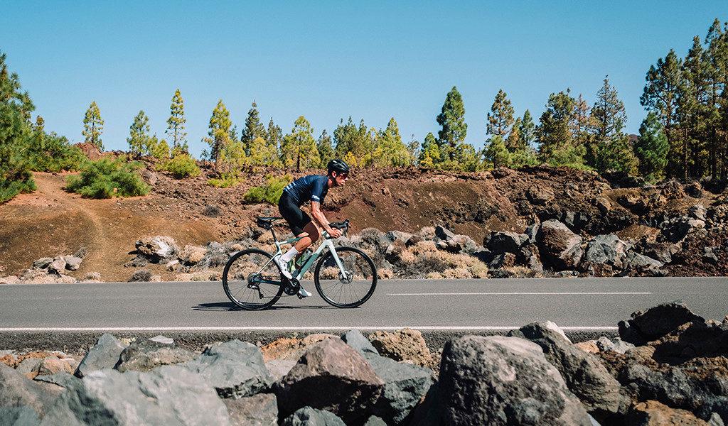 Cyclist on road surrounded by trees and rocks in Tenerife.