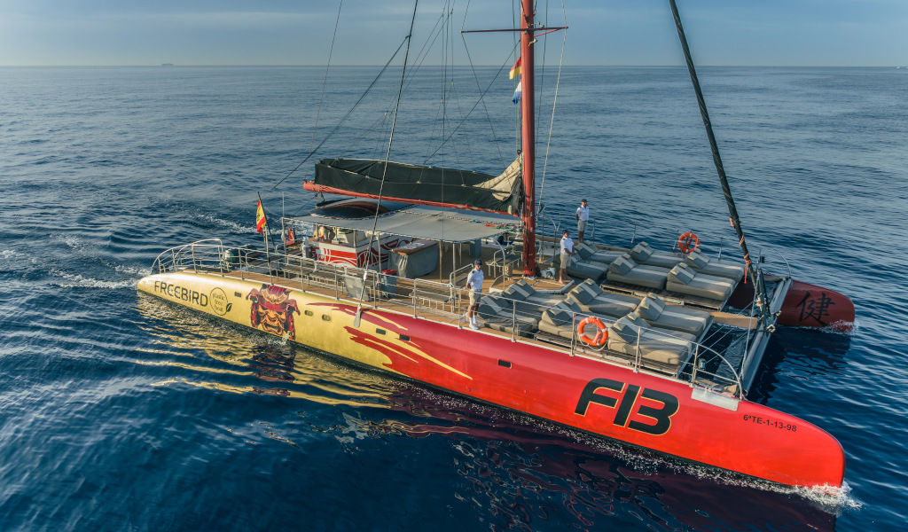 Freebird catamaran sailing the sea in Tenerife.
