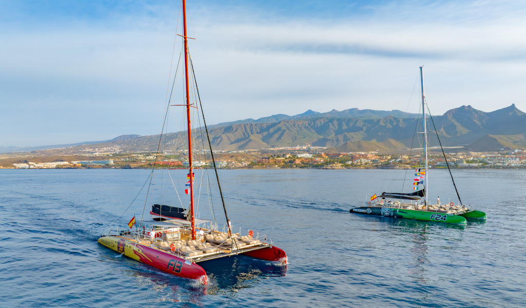 Catamarans sailing close to the coast of Tenerife with mountains in the background.