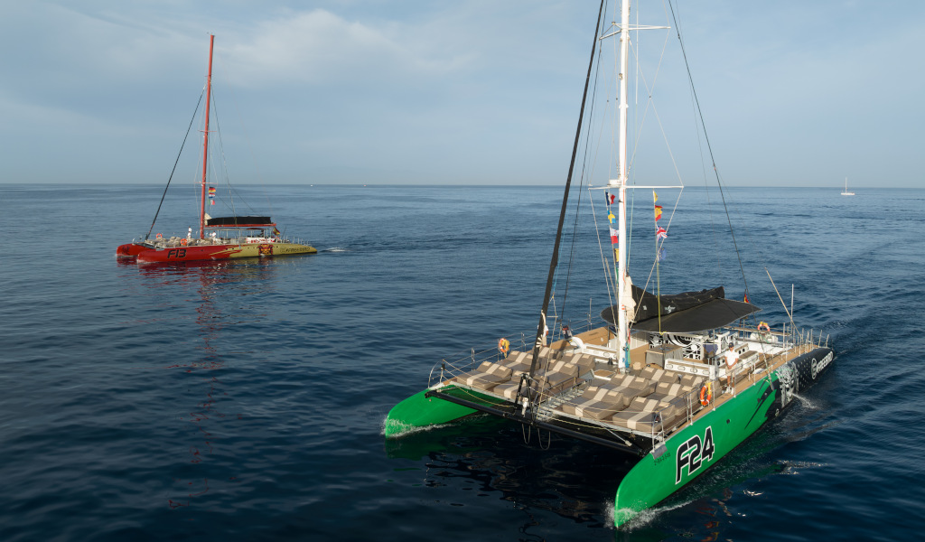 Catamarans F13 and F24 sailing in the sea near Tenerife.