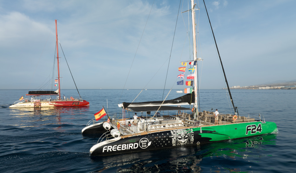 Freebird catamarans at sea near the coast of Tenerife with flags hoisted.