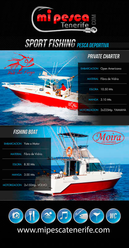 Sport fishing boat in Tenerife with details of technical specifications.