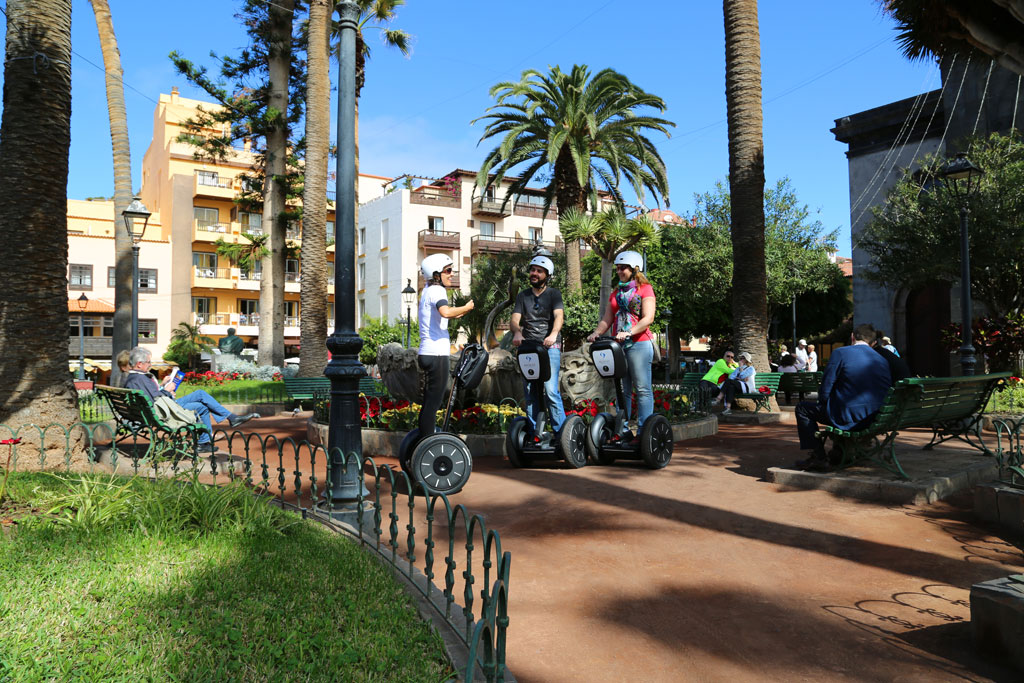 People on segways ride through a park with palm trees in La Laguna, Tenerife.