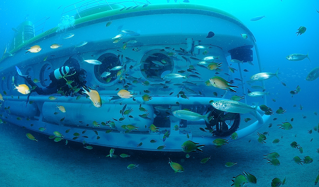 Submarine surrounded by fish and diver on the seabed of Tenerife.