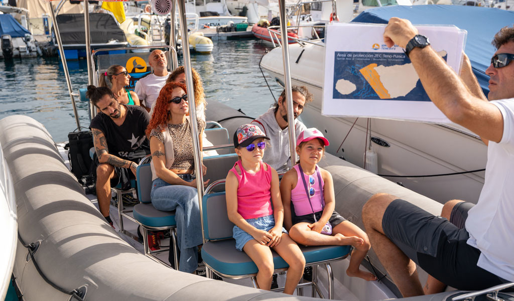 People on a boat in Tenerife, guide showing map of the TENO-Rasca SAC protection area.