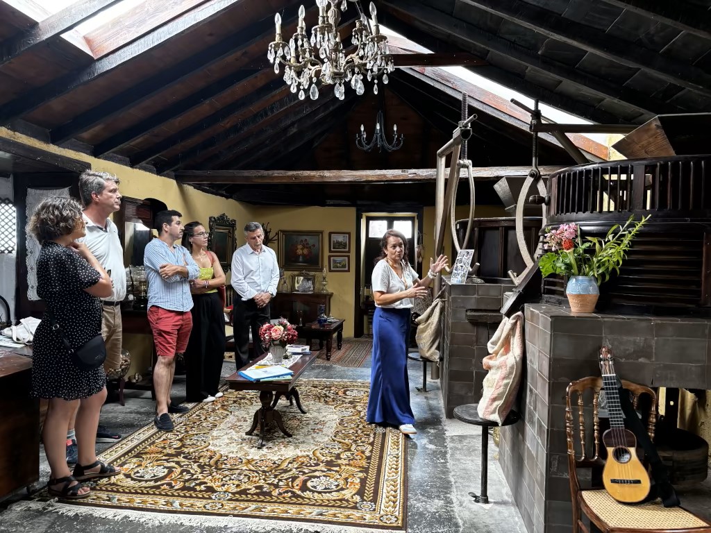 Group of people in a traditional Canarian room in Tenerife, listening to an explanation.