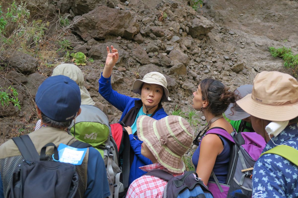 Group of hikers in a talk about rock formations in Tenerife.