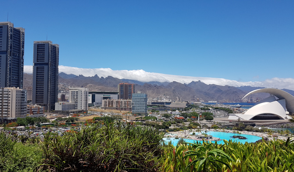 View of Santa Cruz de Tenerife with the Auditorio de Tenerife and skyscrapers in the background.