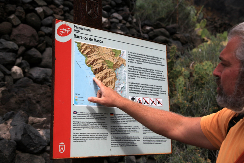 Informative sign for Barranco de Masca in the Teno Rural Park showing map and warnings.