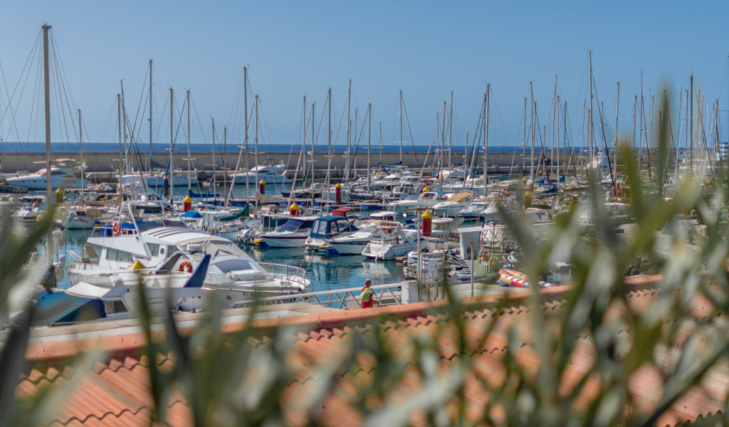 Boats moored in the port of Los Cristianos, Tenerife, with the sea in the background.