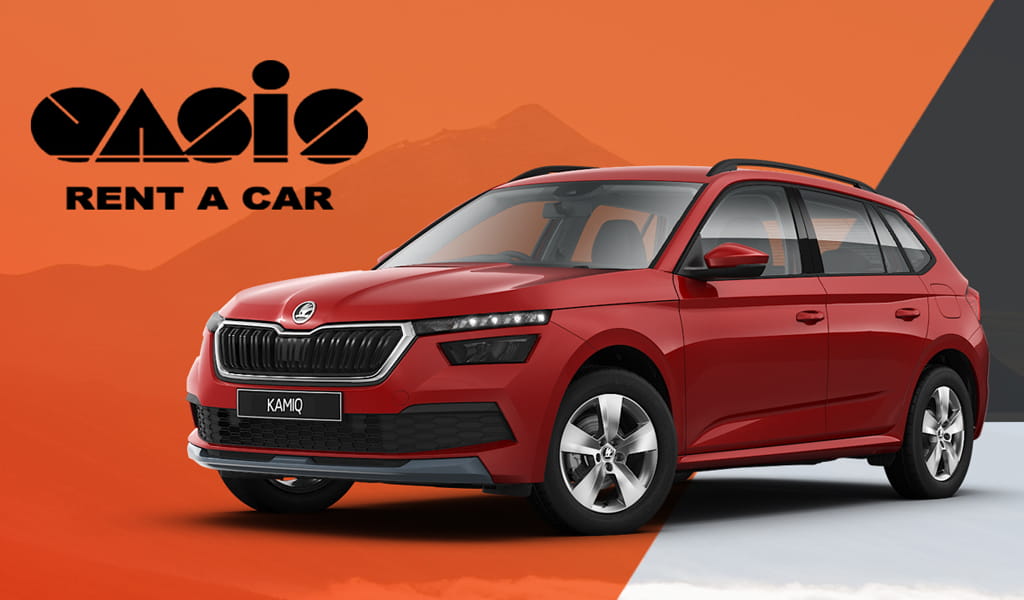 Red Skoda Kamiq car with Oasis Rent a Car logo, Tenerife.