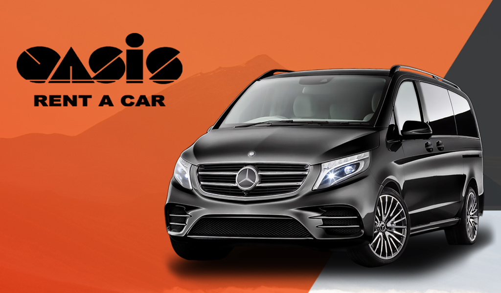 Black Mercedes van from Oasis Rent a Car in front of Teide in Tenerife.