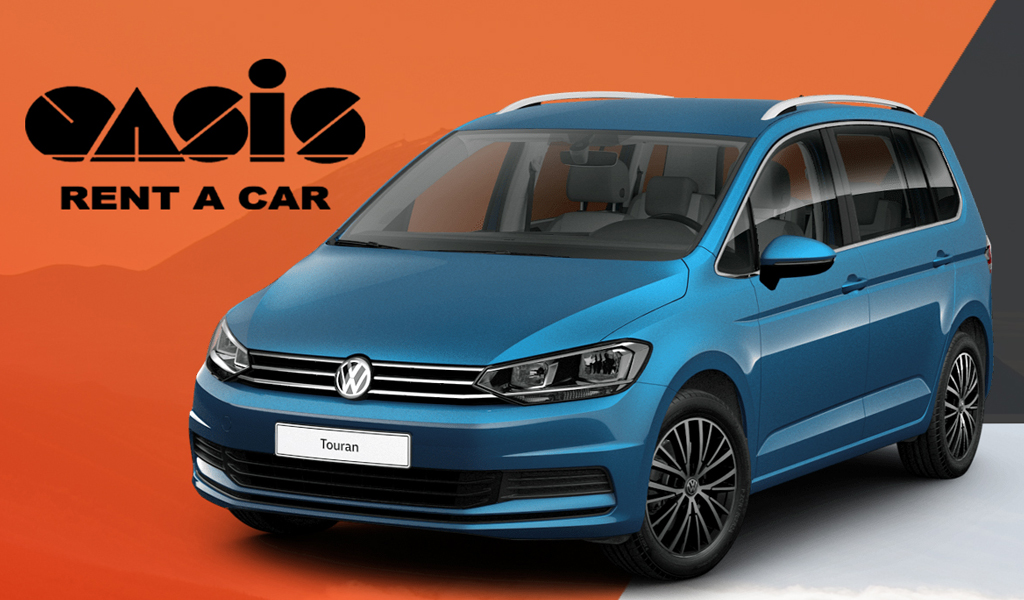 Blue Volkswagen Touran with Oasis Rent a Car logo.