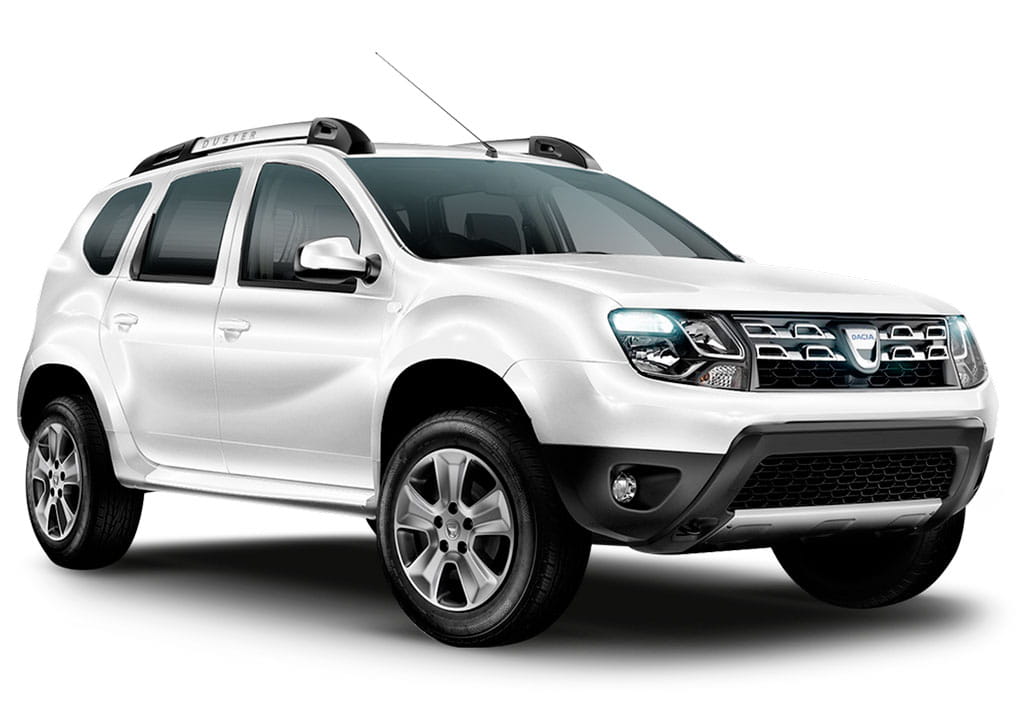 White Dacia SUV car seen with front profile.
