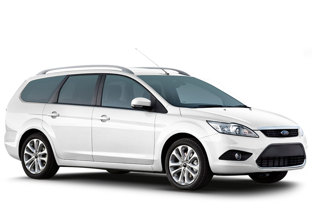 White family car parked on white background in Tenerife.