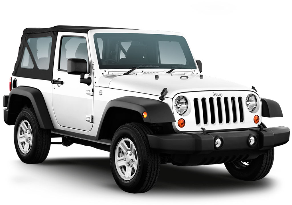 Parked white Jeep Wrangler with removable roof.