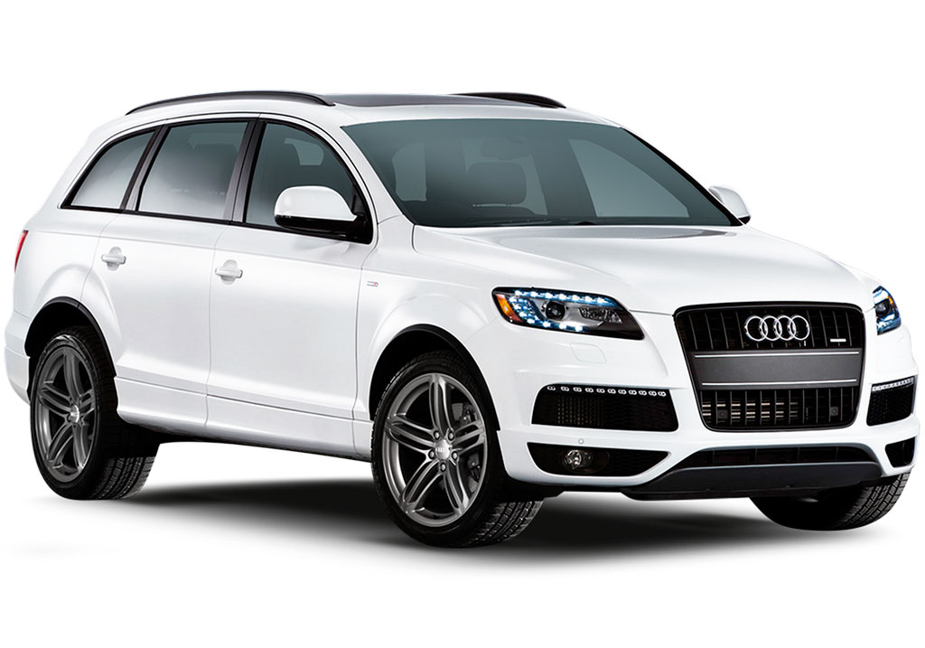 White Audi Q7 SUV parked, seen from the side.