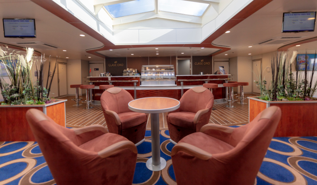 Gold Class seating area and bar on a Tenerife ferry.