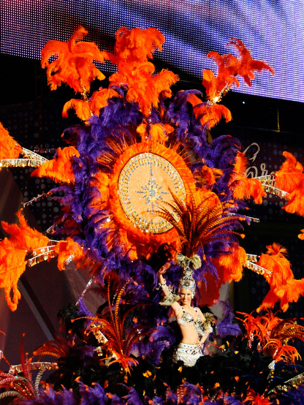 Carnival of Santa Cruz de Tenerife with colorful costume and feathers.