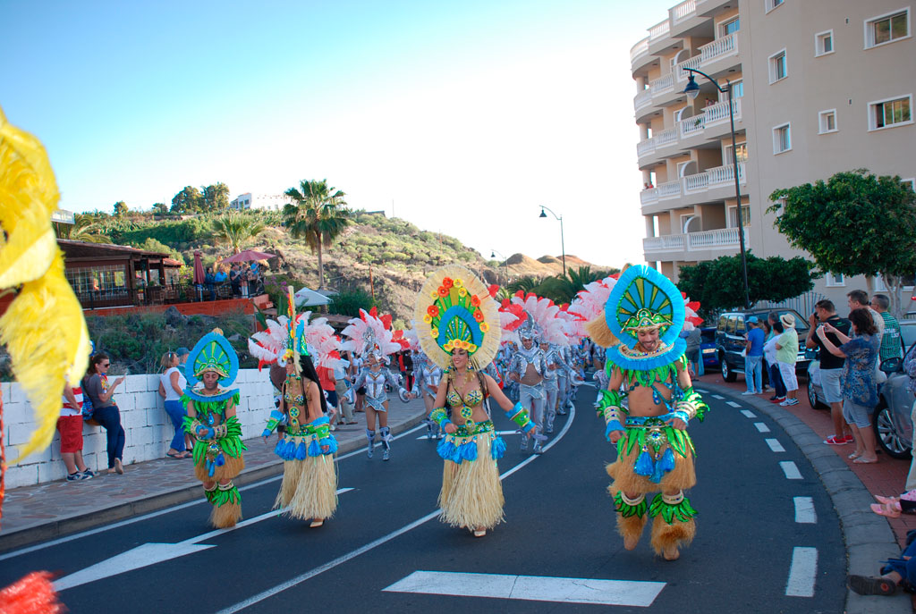 People in colorful costumes parade during carnival in Santa Cruz de Tenerife.