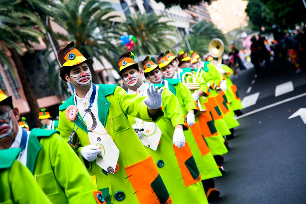 People in costumes parade at the Carnival of Santa Cruz de Tenerife.