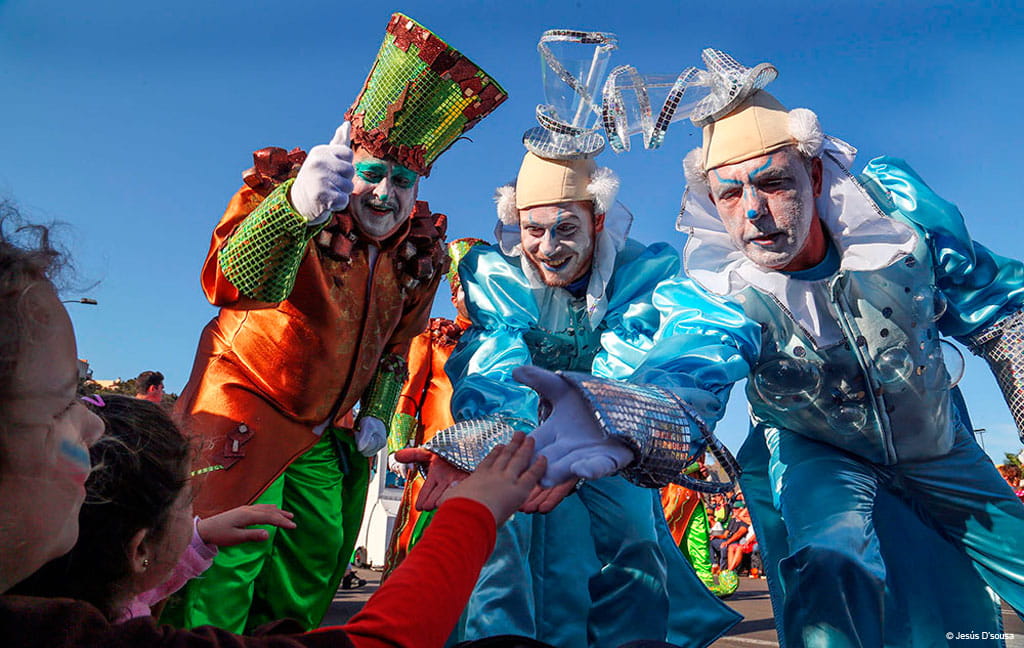 Clowns greet children during the carnival in Tenerife.