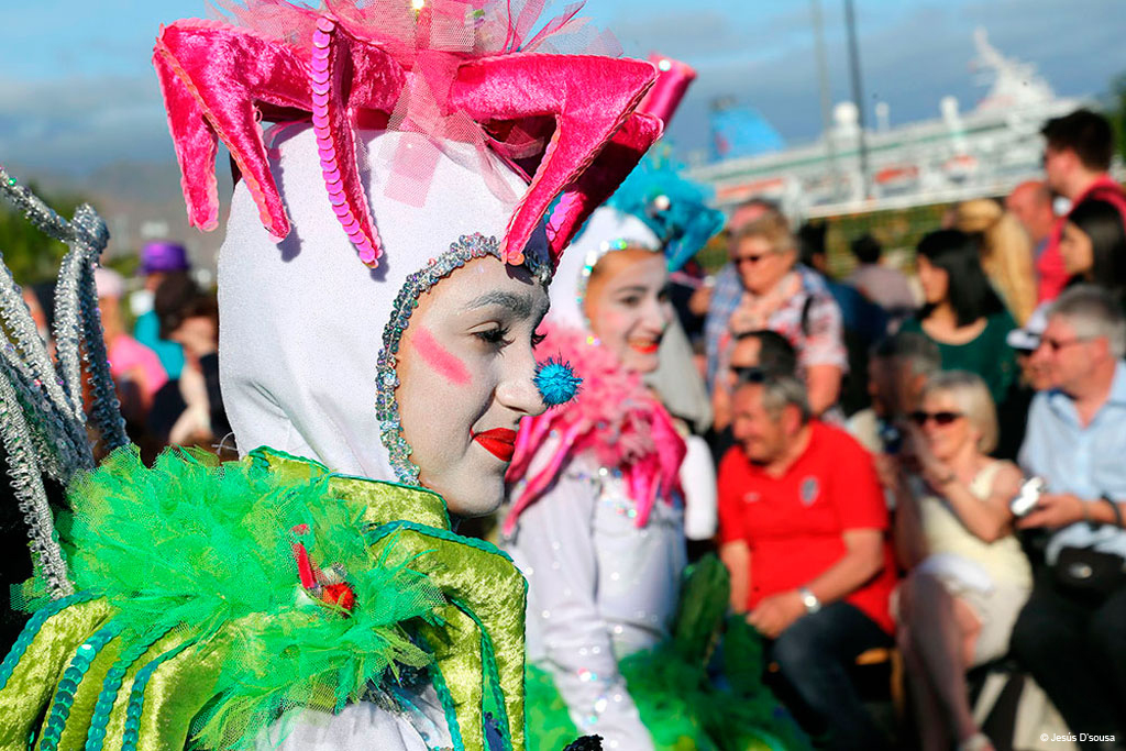 People in colorful carnival costumes at an event in Tenerife.