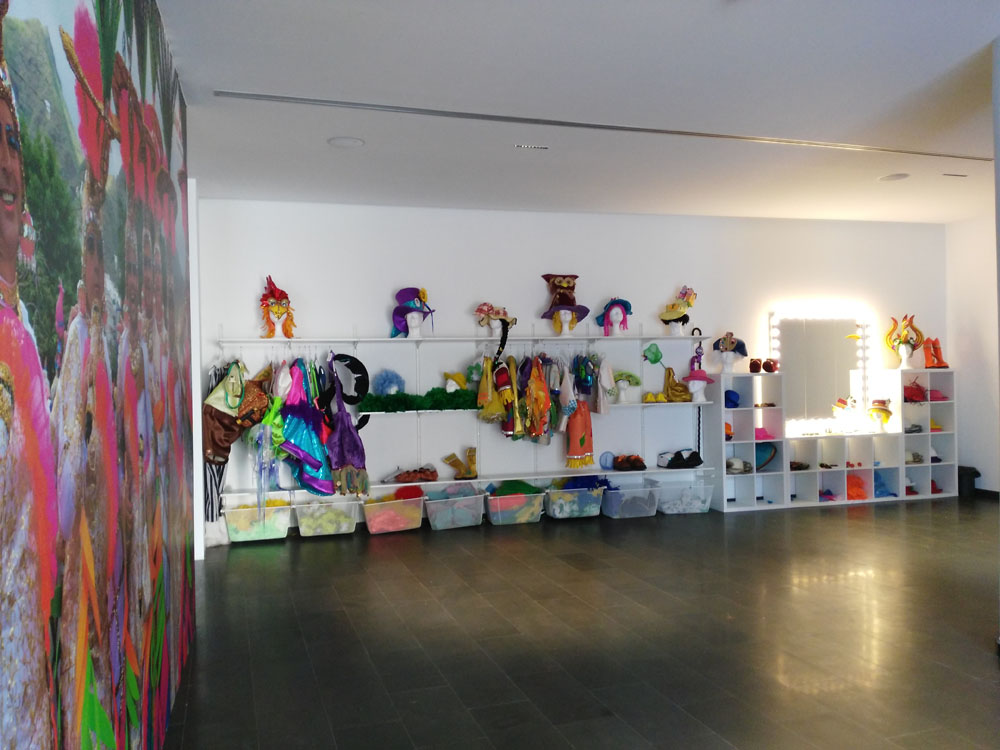 Carnival costumes and costumes in an illuminated room in Tenerife.
