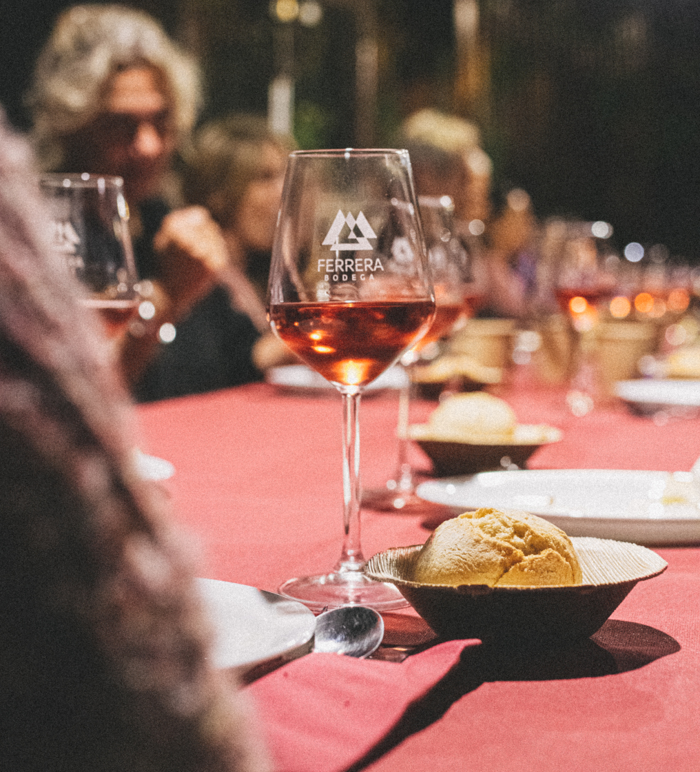 Glass of wine and bread on the table at Bodega Ferrera, Tenerife.