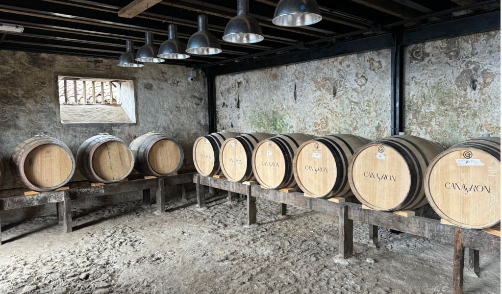 Wine barrels in the Tenerife winery labelled with CANARIO.