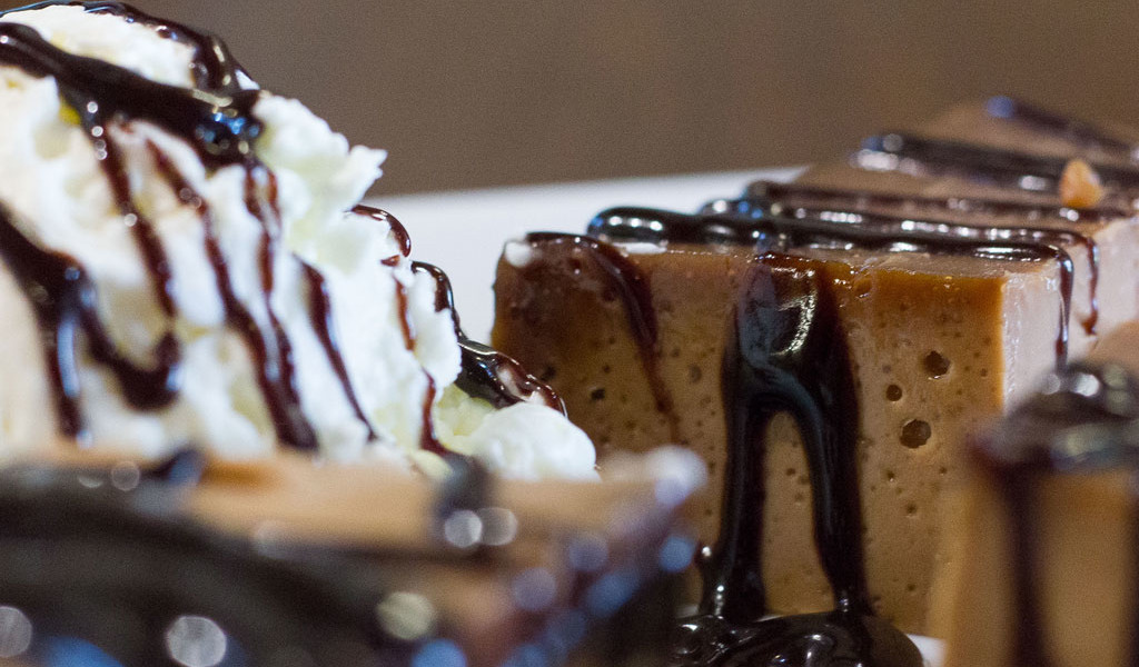Dessert with caramel and cream covered in chocolate in Tenerife.