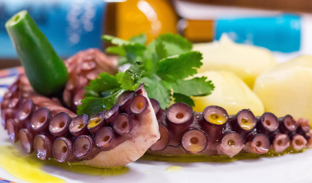 Octopus with potatoes and coriander in a typical dish from Tenerife.