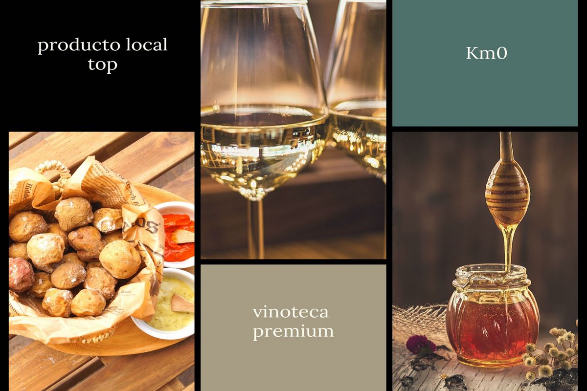 Local Km0 product in Tenerife: wrinkled potatoes, glasses of wine and jar of honey.