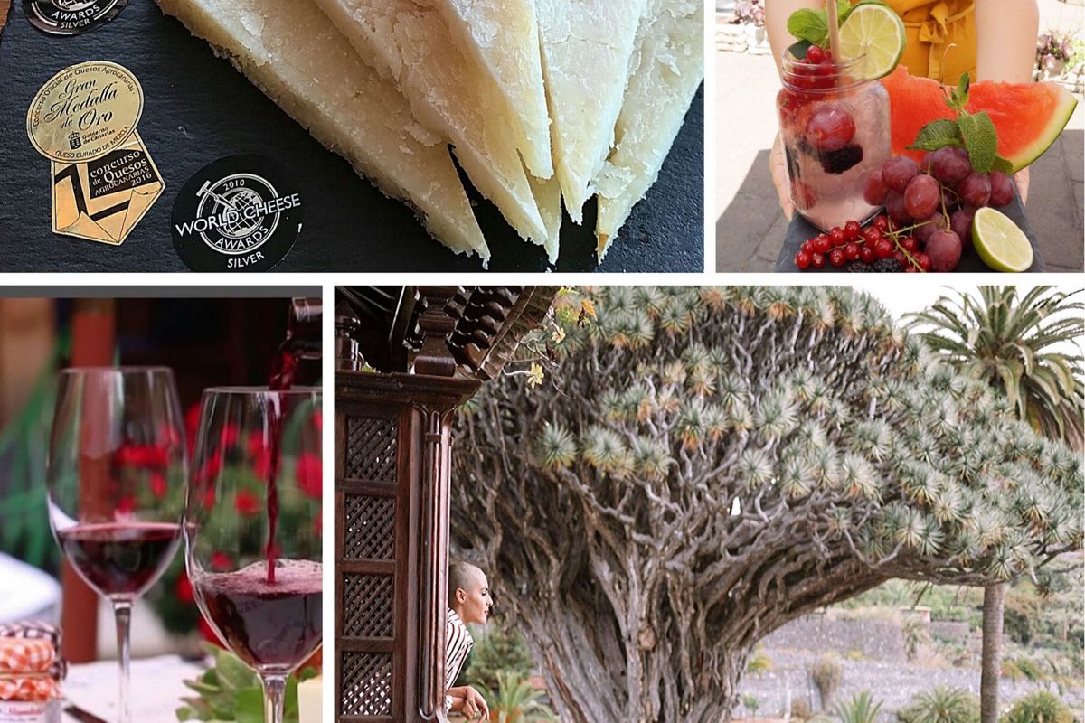 Award-winning cheese, fruit drink, glasses of wine and dragon tree in Icod de los Vinos, Tenerife.