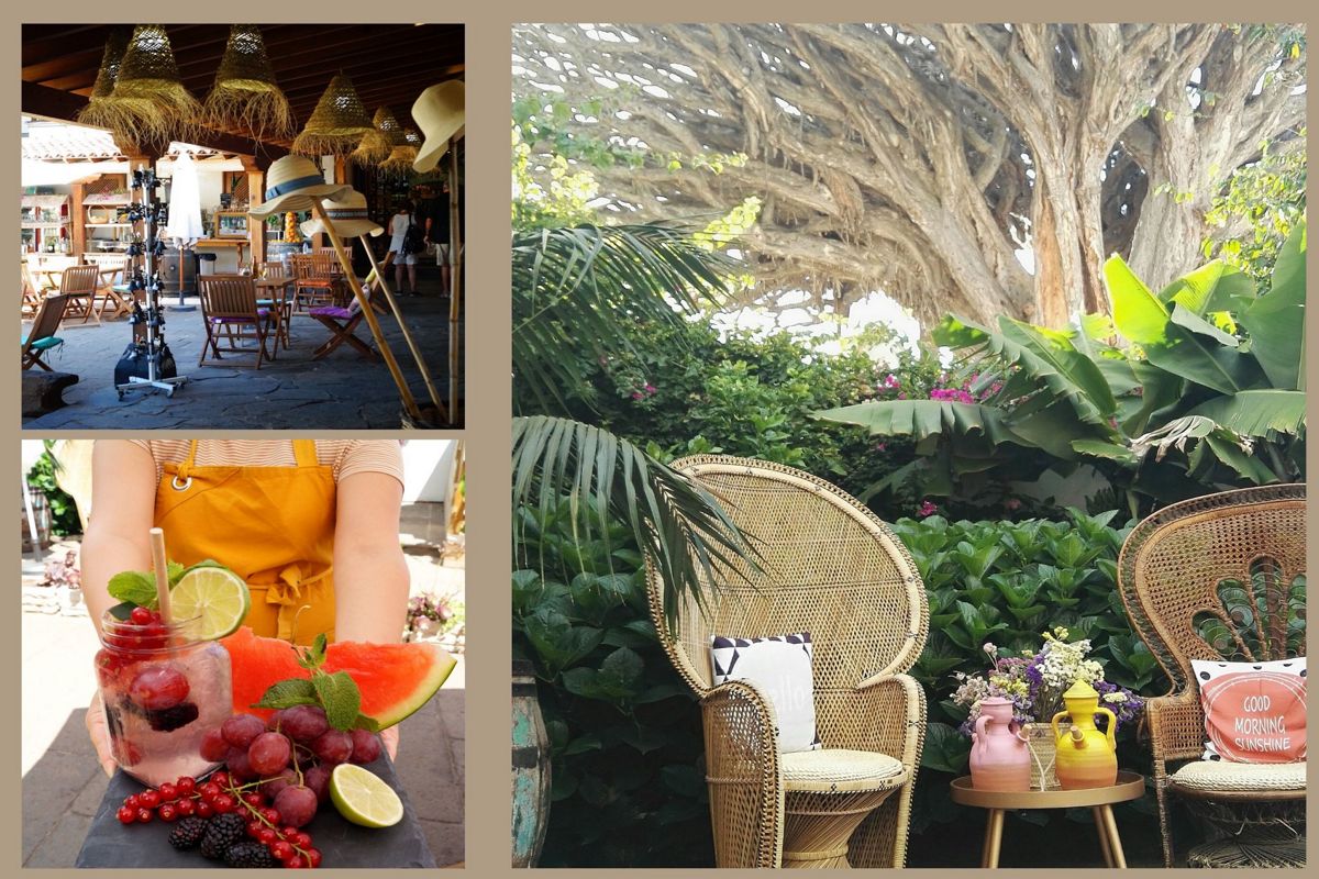 Terrace with tables, decorative hats and parasols in a restaurant in Tenerife.