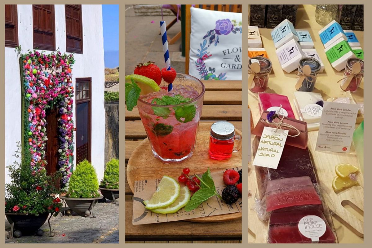 Floral façade, cocktail with fruits and artisanal soaps in La Orotava, Tenerife.