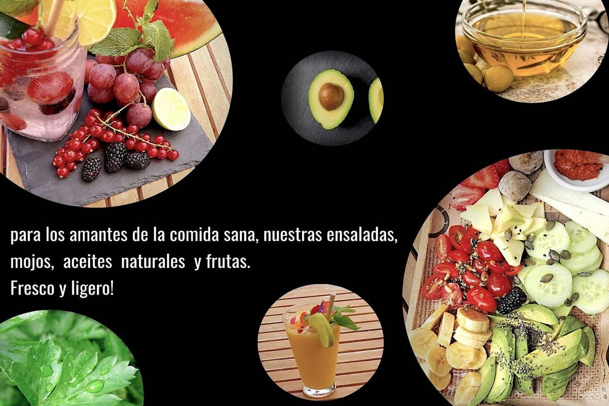 Drink with fruits and text: for lovers of healthy food, our salads, mojos, natural oils and fruits. Fresh and light!.