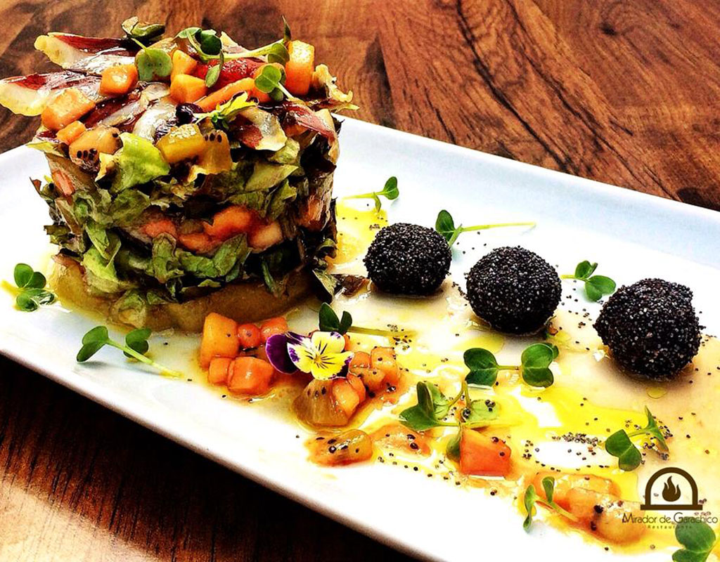 Gourmet salad with cheese balls and fruit at Mirador de Garachico, Tenerife.