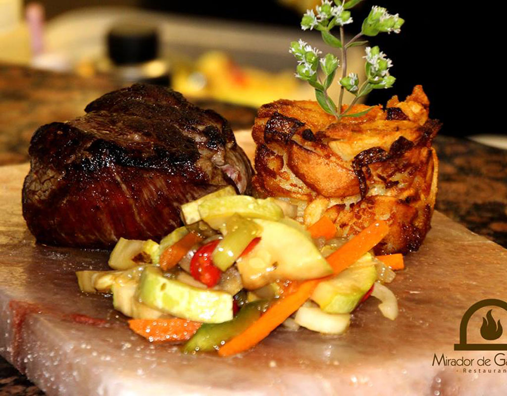 Roast meat with vegetables and potato cake at Mirador de Garachico, Tenerife.