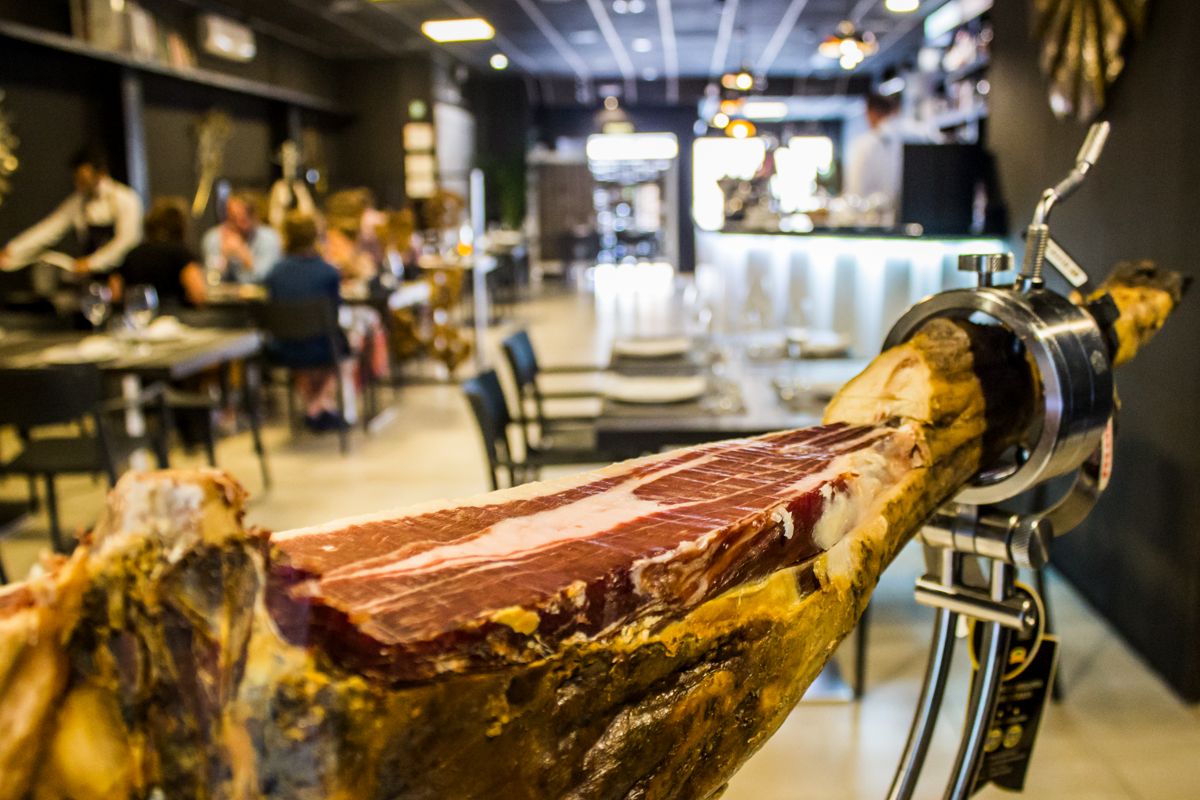 Ham on a stand in a restaurant in Tenerife.