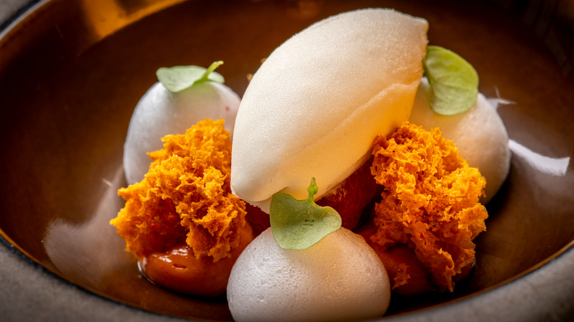 Gourmet dessert with foam and sorbet served in Tenerife restaurant.