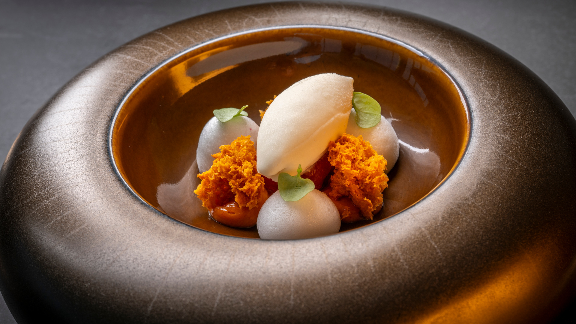 Gourmet dish with sorbet and foam, served in a restaurant in Tenerife.