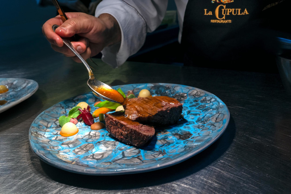 Gourmet dish with sauce served at La Cúpula restaurant, Tenerife.
